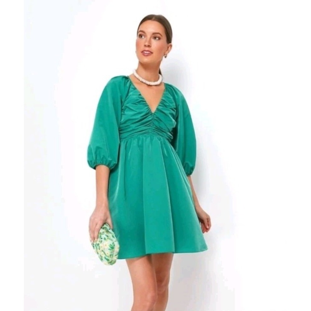 NWT Hyacinth House Tuckernuck Genevieve Ruched Dress Green Puff Sleeve Womens S
